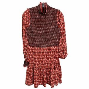 Alice + Olivia Women's Dress Lined Long Sleeve Red Floral Ruffle‎ High Neck Sz 6